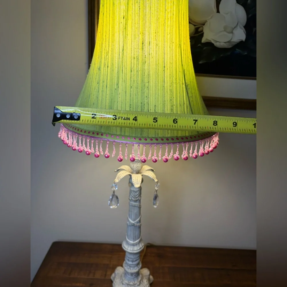 Vintage-Style Table Lamp Bright Green Lamp Shade With Pink Beaded Fringe - Picture 7 of 9